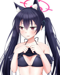 Rule 34 | 1girl, absurdres, animal ear fluff, animal ears, bare shoulders, bikini, bikini top lift, black bikini, black hair, blue archive, blush, breasts, cat ears, clothes lift, extra ears, frilled bikini, frills, halo, highres, long hair, medium breasts, off-shoulder bikini, off shoulder, official alternate costume, parted lips, red eyes, red halo, runoe pict, serika (blue archive), solo, sweatdrop, swimsuit, twintails, upper body, white background