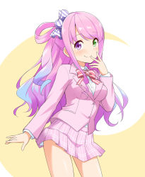 Rule 34 | 1girl, blazer, blue hair, blush, bow, bowtie, breasts, candy hair ornament, collared shirt, commentary request, crescent, felutiahime, food-themed hair ornament, green eyes, hair between eyes, hair ornament, hand to own mouth, heterochromia, highres, himemori luna, hololive, jacket, long hair, long sleeves, looking at viewer, medium breasts, multicolored hair, one side up, pink hair, pink jacket, pink skirt, plaid, plaid skirt, pleated skirt, purple eyes, red bow, red bowtie, shirt, sidelocks, simple background, skirt, smile, solo, swept bangs, two-tone hair, virtual youtuber, white background, white shirt