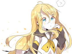 Rule 34 | 1girl, ?, ahoge, alternate hair length, alternate hairstyle, aqua eyes, bare shoulders, black collar, black sleeves, blonde hair, collar, commentary, detached sleeves, hair ornament, hairclip, hand on own chin, hand up, highres, kagamine rin, light blush, long hair, looking at viewer, neckerchief, parted lips, sailor collar, shirt, sketch, sleeveless, sleeveless shirt, solo, speech bubble, spoken question mark, upper body, very long hair, vocaloid, white background, white shirt, xxxx saki, yellow neckerchief