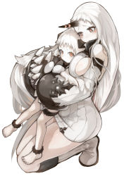Rule 34 | 10s, 2girls, abyssal ship, aircraft, airplane, anklet, barefoot, boots, breasts, claws, detached sleeves, dress, horns, hug, jewelry, kantai collection, knee boots, kneeling, large breasts, long hair, looking at viewer, mittens, multiple girls, northern ocean princess, pinero, red eyes, ribbed dress, seaport princess, sideboob, simple background, single horn, very long hair, white background, white footwear, white hair