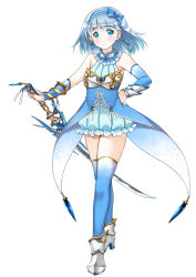 Rule 34 | 1girl, bad id, bad pixiv id, bare shoulders, blue eyes, blue hair, blue thighhighs, boots, bow, braid, character request, copyright request, detached sleeves, dress, earrings, full body, hair bow, hairband, hand on own hip, highres, holding, holding sword, holding weapon, jewelry, looking at viewer, matching hair/eyes, ren san, short hair, side braid, simple background, single braid, single earring, smile, solo, standing, sword, thighhighs, weapon, white background