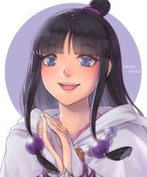 Rule 34 | 1girl, maya fey, black hair, ace attorney, phoenix wright: ace attorney - spirit of justice, hair ornament, half updo, highres, jewelry, long hair, looking at viewer, magatama, midori matsui, necklace, open mouth, smile, solo