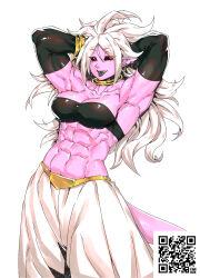 Rule 34 | 1girl, abs, android 21, armpits, baggy pants, belt, black sclera, bracelet, breasts, cleavage, colored sclera, colored skin, dragon ball, dragon ball fighterz, earrings, elbow gloves, gloves, grey tongue, highres, jewelry, large breasts, long hair, looking at viewer, minew, muscular, muscular female, necklace, pants, pink skin, qr code, red eyes, robot girl, solo, tail, tongue, tongue out, white background, white hair