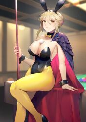 Rule 34 | 1girl, animal ears, artoria pendragon (fate), artoria pendragon (lancer alter) (fate), bare shoulders, black cape, black leotard, blonde hair, bow, bowtie, braid, breasts, cape, cleavage, covered navel, detached collar, fake animal ears, fate/grand order, fate (series), french braid, hair between eyes, highleg, highleg leotard, highres, horns, large breasts, leotard, long hair, looking at viewer, nakaga eri, pantyhose, playboy bunny, rabbit ears, revision, sidelocks, sitting, smile, solo, thighs, wrist cuffs, yellow eyes, yellow pantyhose