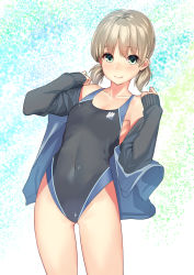 Rule 34 | 1girl, adapted costume, aki (girls und panzer), bare shoulders, black one-piece swimsuit, blonde hair, blue jacket, breasts, closed mouth, collarbone, competition swimsuit, covered navel, cowboy shot, eyebrows, girls und panzer, green eyes, hair tie, highres, jacket, kagematsuri, long sleeves, looking at viewer, low twintails, multicolored background, off shoulder, one-piece swimsuit, open clothes, open jacket, revision, short hair, skin tight, sleeves past wrists, small breasts, smile, solo, standing, swimsuit, thighs, track jacket, twintails, undressing