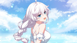 Rule 34 | 1girl, :d, absurdres, bare shoulders, blue eyes, blue sky, braid, braided ponytail, cen (cenll), cloud, cloudy sky, dress, highres, honkai (series), honkai impact 3rd, kallen kaslana, looking at viewer, looking back, open mouth, sky, smile, solo, sundress, white dress, white hair