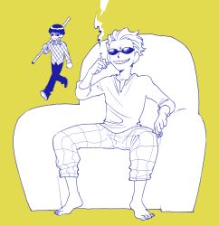 Rule 34 | 2boys, aged down, bamboo, barefoot, black hair, black pants, blonde hair, checkered clothes, checkered shirt, cigarette, couch, donquixote doflamingo, grin, highres, holding, holding cigarette, multiple boys, on couch, one piece, pants, prepbon, shirt, short hair, sketch, smile, smoking, sunglasses, vergo, walking, white shirt, yellow background