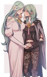 Rule 34 | 2girls, armored boots, blush, boots, breasts, byleth (female) (fire emblem), byleth (fire emblem), cape, dress, eye contact, fire emblem, fire emblem: three houses, flower, garreg mach monastery uniform, green eyes, green hair, hair between eyes, hair flower, hair ornament, highres, holding hands, ikarin, long hair, looking at another, medium breasts, multiple girls, nintendo, pantyhose, parted lips, patterned legwear, rhea (fire emblem), simple background, two-tone background, white dress, white flower, yuri