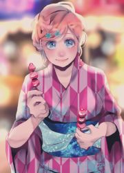 Rule 34 | 1girl, :d, alternate costume, alternate hairstyle, bleach, blurry, blurry background, blush, food, fruit, hair ornament, hair up, hairpin, highres, holding, holding food, inoue orihime, japanese clothes, kimono, open mouth, orange hair, pink kimono, purple eyes, smile, solo, strawberry, suzuwa (sununatsusan)