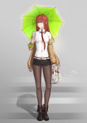 Rule 34 | 1girl, bag, belt, black footwear, black pantyhose, black shorts, blue eyes, boots, brown hair, brown jacket, candy, clothes down, collared shirt, dated, dress shirt, floating hair, food, full body, green umbrella, grey background, highres, holding, holding bag, holding umbrella, jacket, lollipop, long hair, looking to the side, makise kurisu, necktie, open clothes, open jacket, pantyhose, plastic bag, red necktie, shadow, shirt, short shorts, shorts, signature, solo, standing, steins;gate, ten cws, umbrella, white shirt, wing collar