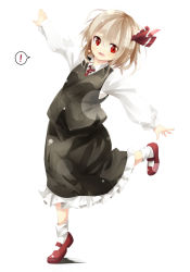 Rule 34 | !, 1girl, blonde hair, commentary request, fang, gorilla (bun0615), hair ribbon, highres, long sleeves, looking at viewer, open mouth, outstretched arms, red eyes, ribbon, rumia, shirt, simple background, skirt, skirt set, smile, solo, spoken exclamation mark, standing, standing on one leg, touhou, vest