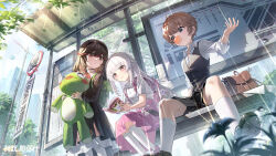 Rule 34 | 1boy, 2girls, aged down, artist request, bag, black hair, blue eyes, book, brown hair, building, bus stop, child, dress, eating, flower, frog, highres, holding, holding book, leaning, lee (punishing: gray raven), liv (punishing: gray raven), lucia (punishing: gray raven), multicolored hair, multiple girls, official art, pink eyes, punishing: gray raven, rain, reading, shorts, smile, stuffed animal, stuffed toy, two-tone hair, vest, white hair