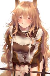 Rule 34 | 1girl, absurdres, allze, animal ears, arknights, blush, breasts, brown eyes, ceobe (arknights), commentary request, cowboy shot, highres, leaning forward, light brown hair, long hair, long sleeves, looking at viewer, medium breasts, simple background, smile, solo, standing, thighs, very long hair, white background