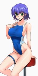 1girl absurdres animal_ears armband blue_one-piece_swimsuit breasts commission cowboy_shot green_eyes hand_on_own_chest highleg highleg_one-piece_swimsuit highres large_breasts leotard one-piece_swimsuit pixiv_commission purple_hair short_hair simple_background sitting solo stool swimsuit tail thighhighs to_heart_(series) to_heart_2 tonami_yuma two-tone_swimsuit white_background white_thighhighs yoo_tenchi