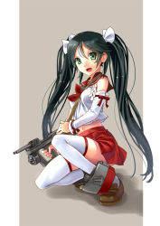 Rule 34 | 10s, 1girl, black hair, blush, crop top, crop top overhang, detached sleeves, full body, green eyes, gun, hair ribbon, isuzu (kancolle), kantai collection, katahira masashi, loafers, long hair, looking at viewer, midriff, navel, outside border, personification, ribbon, shoes, skirt, smile, solo, thighhighs, twintails, very long hair, weapon, white thighhighs