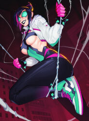 Rule 34 | 1girl, black hair, black lips, bracelet, breasts, chest cutout, cosplay, gloves, grin, hair horns, han juri, highres, jacket, jewelry, large breasts, long sleeves, looking at viewer, marvel, multicolored hair, pants, pink gloves, pink hair, qtori, shoes, short hair with long locks, silk, skin tight, smile, sneakers, spider-gwen, spider-gwen (cosplay), spider-man: across the spider-verse, spider-man: into the spider-verse, spider-man (series), spider-verse, spider web, spiked anklet, spiked bracelet, spikes, streaked hair, street fighter, street fighter 6, superhero costume, tight clothes, tight pants, white jacket