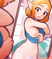 Rule 34 | 1girl, blush, breasts, casual, dressing, highres, indoors, looking at mirror, medium breasts, mirror, navel, nintendo, nipples, one breast out, open mouth, panties, pointy ears, princess zelda, reflection, the legend of zelda, the legend of zelda: breath of the wild, the legend of zelda: tears of the kingdom, tsuvida, underwear