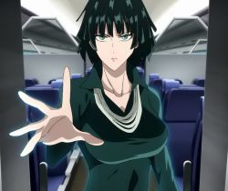 Rule 34 | 1girl, black hair, breasts, fubuki (one-punch man), green eyes, large breasts, one-punch man, solo, standing, stitched, third-party edit