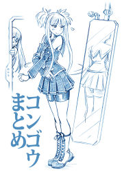 Rule 34 | 10s, 2girls, aoki hagane no arpeggio, bbb (friskuser), bike shorts, blue theme, blunt bangs, boots, comic, cosplay, cross-laced footwear, detached sleeves, dress, female focus, full body, heart, highres, iona (aoki hagane no arpeggio), iona (cosplay), kongou (aoki hagane no arpeggio), lace-up boots, long hair, mirror, monochrome, multiple girls, necktie, open mouth, peeking out, pleated skirt, reflection, sidelocks, simple background, skirt, sleeveless, sleeveless dress, smile, sweatdrop, tiptoes, white background