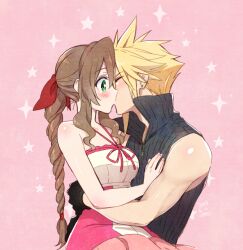 Rule 34 | 1boy, 1girl, aerith gainsborough, bare arms, bare shoulders, black gloves, blonde hair, blush, braid, braided ponytail, breasts, brown hair, closed eyes, cloud strife, dress, earrings, final fantasy, final fantasy vii, final fantasy vii advent children, gloves, green eyes, grey shirt, hair ribbon, halter dress, halterneck, hand on another&#039;s chest, hetero, hug, jewelry, kingdom hearts, kingdom hearts ii, kiss, krudears, long hair, medium breasts, official alternate costume, parted bangs, pink background, pink dress, popped collar, red ribbon, ribbon, shirt, short hair, sidelocks, single braid, single earring, sitting, sitting on lap, sitting on person, sleeveless, sleeveless shirt, sparkle, spiked hair, two-tone dress, upper body, wavy hair, white dress, wide-eyed