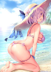 Rule 34 | 1girl, :d, alternate costume, arched back, artist name, ass, bare arms, bare back, bare legs, bare shoulders, barefoot, beach, bikini, blue bow, blue sky, bow, breasts, brown hat, butt crack, day, fate/grand order, fate (series), feet, flower, from side, hair over one eye, hat, hat bow, hat flower, highres, kneeling, large breasts, leaning forward, looking at viewer, looking to the side, mash kyrielight, obiwan, ocean, open mouth, outdoors, palm tree, pink bikini, pink eyes, pink hair, sand, shiny skin, short hair, sideboob, skindentation, sky, smile, soles, solo, straw hat, summer, sun hat, swimsuit, thigh strap, thong, thong bikini, toes, tree, underboob, water