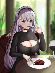 Rule 34 | 1girl, absurdres, alternate costume, azur lane, bad id, bad pixiv id, belfast (azur lane), black sweater, breasts, choker, cleavage cutout, clothing cutout, cross, cross earrings, cup, drinking glass, earrings, eating, frilled hairband, frills, hairband, highres, jewelry, large breasts, lemontea (ekvr5838), light purple hair, long hair, looking at viewer, meme attire, open-chest sweater, purple eyes, red choker, round table, sitting, solo, sweater, table, wine glass