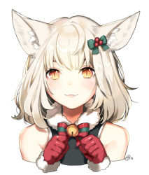 Rule 34 | 1girl, animal ears, bare shoulders, bell, blush, bow, cat ears, fang, gloves, hair bow, jingle bell, lips, looking at viewer, nagu, orange eyes, original, paw pose, red gloves, short hair, simple background, slit pupils, smile, solo, upper body, white background, white hair