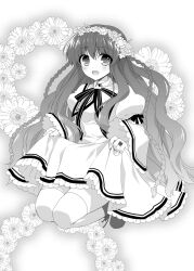 Rule 34 | 1girl, :d, blush, boots, braid, clothes lift, commentary request, dress, dress lift, floral background, flower, flower wreath, frilled dress, frilled sleeves, frills, fuyuichi, greyscale, hair between eyes, happy, head wreath, juliet sleeves, kanbe kotori, kazamatsuri institute high school uniform, lifted by self, long hair, long sleeves, looking at viewer, midair, monochrome, open mouth, puffy sleeves, rewrite, school uniform, sidelocks, simple background, smile, solo, thighhighs, twin braids, very long hair, wavy hair, white background, white thighhighs, wide sleeves