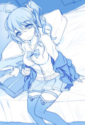 Rule 34 | 1girl, ahoge, bag, bison cangshu, blazer, blue theme, bow, breasts, cardigan, collarbone, copyright request, dutch angle, jacket, long hair, monochrome, on bed, open mouth, pleated skirt, school bag, school uniform, side ponytail, sitting, sketch, skirt, solo, thighhighs, zettai ryouiki