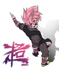 Rule 34 | 1boy, armband, artist name, bakarott, black gloves, bracer, broken mask, commentary, dougi, dragon ball, dragon ball heroes, from above, gloves, goku black, highres, long sleeves, looking back, male focus, mask, outstretched arm, pink hair, red eyes, shadow, simple background, single glove, solo, spiked hair, white background