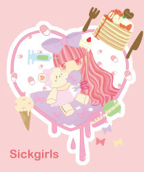 Rule 34 | 1girl, blush, bow, broken heart, cake, commentary request, dress, food, fork, frilled dress, frills, hair bow, heart, hug, ice cream cone, knife, long hair, multicolored hair, original, pill, pink background, pink eyes, pink hair, pink theme, puffy sleeves, salmonluv3, scissors, short sleeves, simple background, solo, streaked hair, stuffed animal, stuffed toy, syringe, teddy bear