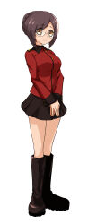 Rule 34 | 1girl, absurdres, black footwear, black skirt, boots, braid, braided bun, brown eyes, brown hair, closed mouth, commentary, full body, girls und panzer, glasses, hair bun, highres, jacket, knee boots, long sleeves, looking at viewer, military uniform, miniskirt, nilgiri (girls und panzer), own hands together, pleated skirt, red jacket, rimless eyewear, round eyewear, shibainutank, short hair, simple background, skirt, smile, solo, st. gloriana&#039;s military uniform, standing, swept bangs, uniform, v arms, white background