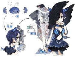 Rule 34 | 1girl, arm at side, back-to-back, black wings, blue dress, blue hair, blush, breasts, chibi, cleavage cutout, clothing cutout, cropped legs, dot nose, dress, dual persona, egg, feathered wings, holding hands, hand on own face, hand up, hayami kanade, highres, horns, idolmaster, idolmaster cinderella girls, kneeling, light smile, looking at viewer, looking back, medium breasts, miniskirt, mirror, moon, multiple views, navel cutout, no nose, pointy ears, profile, reflection, short hair, skirt, spawnfoxy, tail, white background, wings, wrist cuffs, yellow eyes