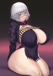 Rule 34 | 1girl, aster crowley, blue eyes, breasts, fate/grand order, fate (series), glasses, highres, huge breasts, jacques de molay (foreigner) (fate), short hair, sitting, thick thighs, thighs, white hair