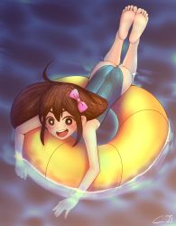 Rule 34 | 1girl, :d, absurdres, afloat, ass, aubrey (omori), barefoot, black eyes, black hair, blush, cabronpr, feet, feet up, foot focus, from above, full body, highres, innertube, long hair, looking at viewer, lying, omori, on stomach, open mouth, partially submerged, pool, smile, soles, solo, swim ring, toes, water