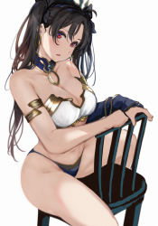 Rule 34 | 1girl, armlet, bad id, bad pixiv id, bandeau, bare shoulders, bikini, black bow, black hair, blue bikini, bow, breasts, chair, cleavage, collarbone, detached collar, detached sleeves, fate/grand order, fate (series), hair bow, head tilt, highres, icehotmilktea, ishtar (fate), large breasts, long hair, mismatched bikini, navel, on chair, parted bangs, parted lips, red eyes, single detached sleeve, sitting, sitting backwards, smile, solo, spread legs, strapless, strapless bikini, swimsuit, two side up, very long hair, white bikini