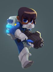 Rule 34 | 1girl, absurdres, blue eyes, boots, dark-skinned female, dark skin, full body, gas mask, gloves, gun, highres, justin chan, looking at viewer, mask, nuclear throne, official art, police, police uniform, respirator, rogue (nuclear throne), short hair, simple background, solo, uniform, weapon, white gloves