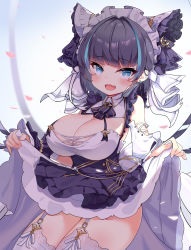 Rule 34 | 14c, 1girl, absurdres, azur lane, black hair, blue eyes, blue hair, blunt bangs, blush, breasts, cheshire (azur lane), cleavage, clothes lift, dress, dress lift, earrings, fang, garter straps, highres, jewelry, large breasts, lifting own clothes, looking at viewer, multicolored hair, open mouth, petals, smile, solo, streaked hair, thighhighs, thighs, white thighhighs