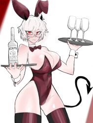 Rule 34 | 1girl, absurdres, alcohol, animal ears, annoyed, bottle, breasts, demon, demon girl, demon horns, demon tail, glass, glasses, helltaker, highres, holding, holding tray, horns, large breasts, leotard, looking at viewer, malina (helltaker), playboy bunny, rabbit ears, red eyes, rogue1749, tail, thighhighs, tray, vodka