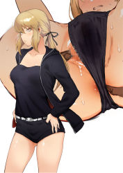 Rule 34 | 1girl, anus, anus peek, artoria pendragon (all), artoria pendragon (fate), ass, belt, black panties, blonde hair, blush, breasts, censored, clenched teeth, fate/stay night, fate (series), hands on own hips, jacket, long hair, mosaic censoring, multiple views, official alternate costume, panties, ponytail, pussy, pussy peek, saber alter, saber alter (ver. shinjuku 1999) (fate), shorts, simple background, spread pussy under clothes, suruga kreuz, teeth, underwear, white background, yellow eyes
