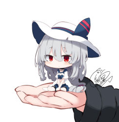 Rule 34 | 1girl, 1other, arknights, barefoot, beni shake, blue shorts, blush, chibi, closed mouth, commentary request, grey hair, hair between eyes, hat, in palm, long hair, long sleeves, looking at viewer, mini person, minigirl, red eyes, short shorts, short sleeves, shorts, signature, simple background, sitting, skadi (arknights), skadi (waverider) (arknights), solo focus, sun hat, very long hair, white background, white headwear