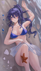 1girl absurdres arm_up bare_shoulders beach bikini blue_bikini borrowed_character breasts commentary commission feet_out_of_frame highres kinokoneko large_breasts long_hair lying on_back original parted_lips pixiv_commission purple_eyes purple_hair sarong seashell shell solo starfish stomach swimsuit thighs