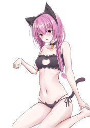 Rule 34 | 1girl, absurdres, animal ear fluff, animal ears, arm at side, bare arms, bell, black choker, black panties, blush, braid, breasts, cat ears, cat lingerie, cat tail, choker, collarbone, commentary request, fake animal ears, fake tail, fang, grey background, hair between eyes, hand up, hetero, highres, jingle bell, knees out of frame, long hair, looking at viewer, low twin braids, meme attire, midriff, mitsukasa ayase, mkn yu, navel, neck bell, official alternate hairstyle, open mouth, panties, paw pose, pink hair, purple background, purple eyes, riddle joker, side-tie panties, simple background, sitting, skin fang, small breasts, smile, solo, stomach, tail, tsurime, twin braids, underwear, underwear only, wariza