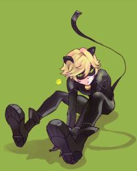 Rule 34 | 1boy, adrien agreste, animal ears, bell, belt, blonde hair, bodysuit, cat boy, cat ears, chat noir, colored sclera, fake animal ears, feet, full body, green background, green sclera, knees up, male focus, miraculous ladybug, open mouth, paw print, pov, sharp nails, shoes, simple background, sitting, solo, yellow eyes
