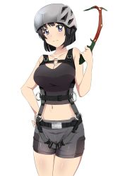 Rule 34 | 1girl, black hair, black tank top, blue eyes, breasts, cleavage, closed mouth, collarbone, cowboy shot, crop top, grey shorts, hand on own hip, helmet, holding, holding weapon, large breasts, lizta, looking at viewer, midriff, navel, shiny skin, short hair, short shorts, shorts, siesta (zero no tsukaima), simple background, smile, solo, standing, stomach, tank top, weapon, white background, zero no tsukaima