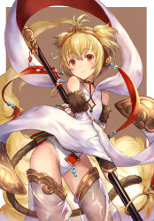 Rule 34 | 10s, 1girl, andira (granblue fantasy), animal ears, bad id, bad pixiv id, blonde hair, breasts, brown eyes, cloud, detached sleeves, erune, flying nimbus, granblue fantasy, hair between eyes, hair ornament, hairband, highres, kuze kaname, looking at viewer, monkey ears, monkey girl, monkey tail, short hair, small breasts, solo, staff, tail, thighhighs, thighs, two side up, white thighhighs, wide sleeves
