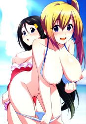 Rule 34 | 10s, 2girls, :d, absurdres, bikini, black hair, blonde hair, blue bikini, blue eyes, blush, breasts, breasts out, censored, cleavage, gluteal fold, hanging breasts, haruhisky, highres, izumi reina, kawakami mai, large breasts, leaning forward, long hair, looking at viewer, mole, mole on thigh, mole under eye, multiple girls, musaigen no phantom world, nipples, non-web source, open mouth, pussy, scan, side ponytail, smile, standing, sweatdrop, swimsuit