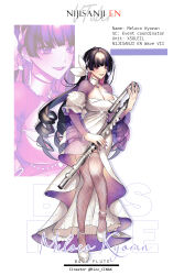 Rule 34 | 1girl, absurdres, alternate costume, bass flute, black hair, breasts, character name, cleavage, cleavage cutout, clothing cutout, copyright name, dress, formal, full body, grey footwear, grey thighhighs, hair ribbon, highres, holding, holding instrument, instrument, large breasts, long hair, looking at viewer, meloco kyoran, multicolored hair, nijisanji, nijisanji en, open mouth, purple eyes, purple hair, ribbon, smile, solo, streaked hair, thighhighs, very long hair, virtual youtuber, white dress, white ribbon, yoshiko (rizz cinax), zoom layer