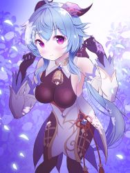 Rule 34 | 1girl, ahoge, armpits, arms up, bare shoulders, bell, black bodysuit, black gloves, blue hair, blush, bodice, bodysuit, breasts, chinese knot, commentary request, commission, cowbell, cowboy shot, detached sleeves, flower, ganyu (genshin impact), genshin impact, gloves, goat horns, hair between eyes, highres, horns, long hair, medium breasts, mikoko1, open mouth, pelvic curtain, petals, purple flower, red eyes, shade, skeb commission, solo, standing, vision (genshin impact)