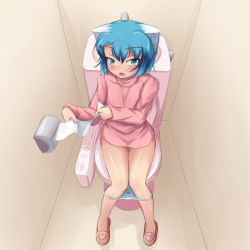 Rule 34 | 1girl, animal ears, ast exception, blue eyes, blue hair, cat ears, fuyutsuki asuto, looking at viewer, matching hair/eyes, original, panties, panty pull, slippers, solo, striped clothes, striped panties, sweater, toilet, toilet paper, toilet use, underwear, yukina (fuyutsuki asuto)